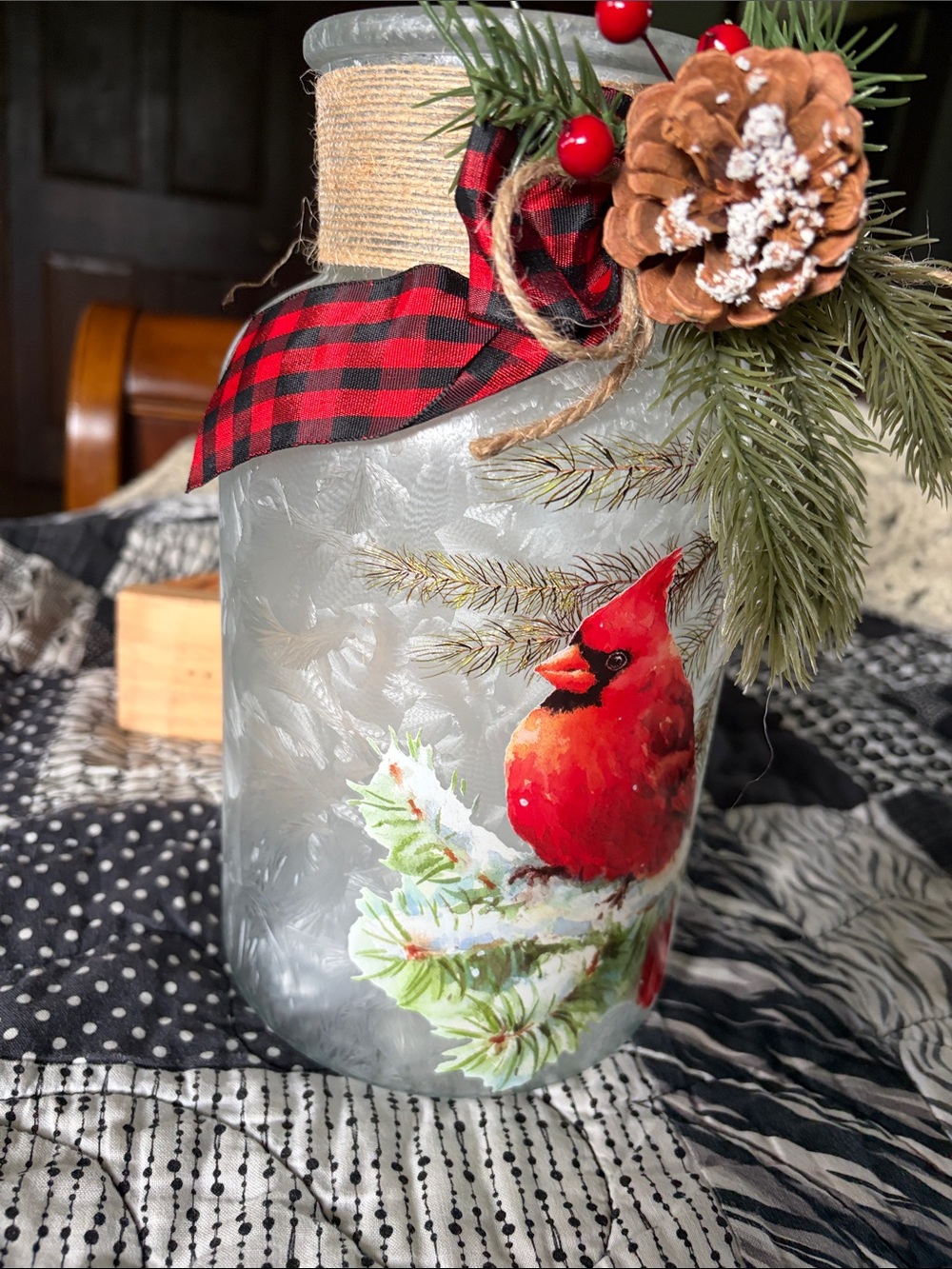 audrey Red Cardinal Holiday Decorative Jar with Plaid Ribbon light up luminary